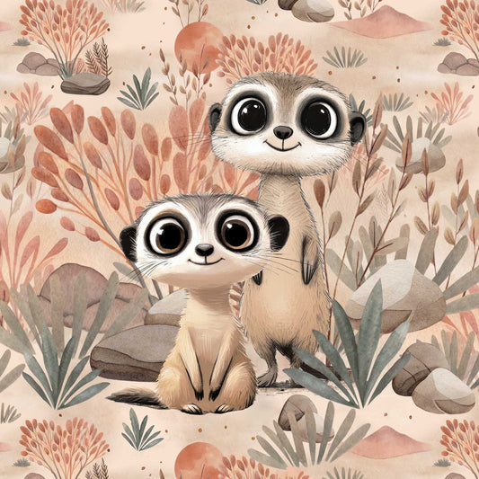 kilpinio trikotažo panelis 40x50 cm–surikatų nuotykis 250 g/m²