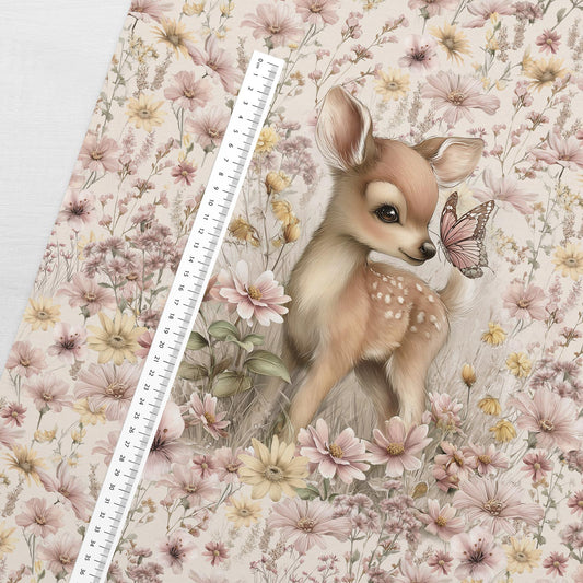 Kilpinio trikotažo panelis 40x50 cm – Bembijis gėlių pievoje 250 g/m²