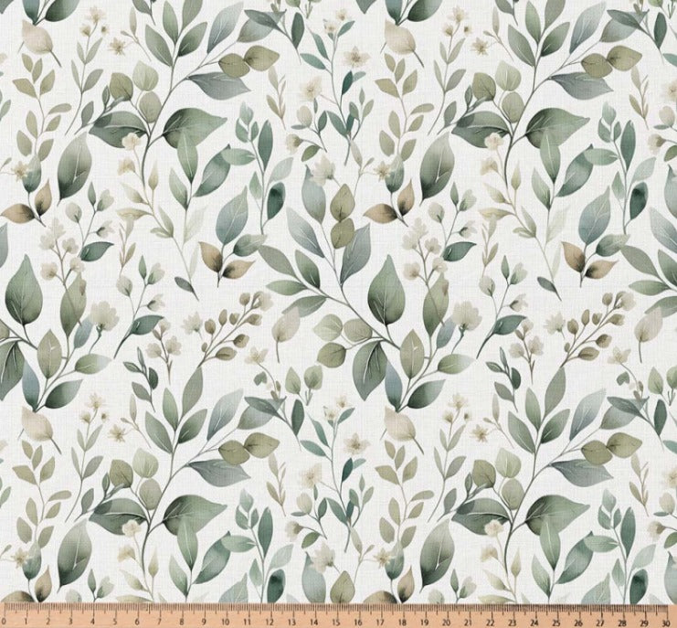 Premium 100 % puuvillakangas – vihreät lehdet 115 g/m²