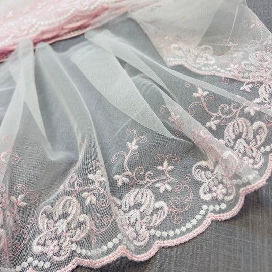 Image of embroidered lace 20 cm - with pink-toned embroidery – available at Šarlotes audumi