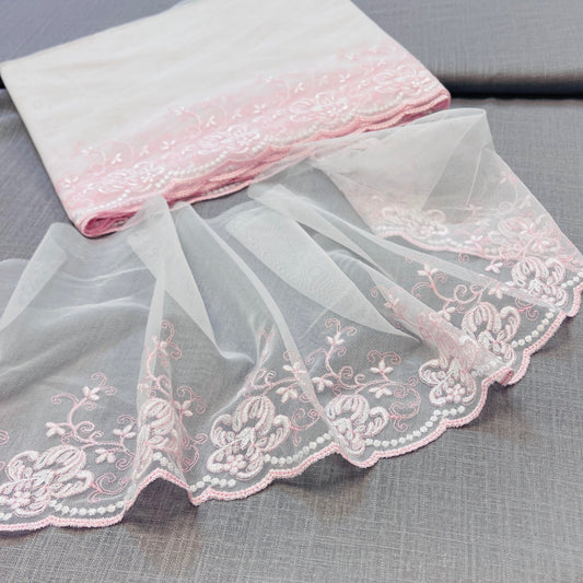 Image with embroidered lace 20 cm - with pink-tone embroidery – available at Šarlotes audumi