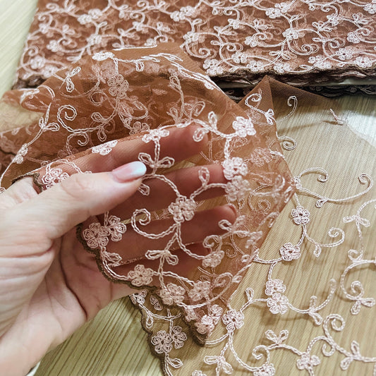 alt
Image of embroidered lace 20 cm - brown with pink embroidery – available at Šarlotes audumi