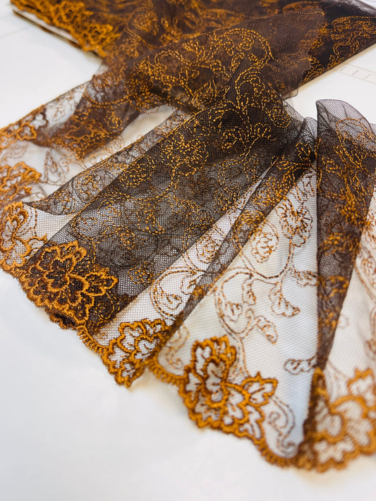 Image of embroidered lace 20 cm - black with cognac-toned embroidery – available at Šarlotes audumi