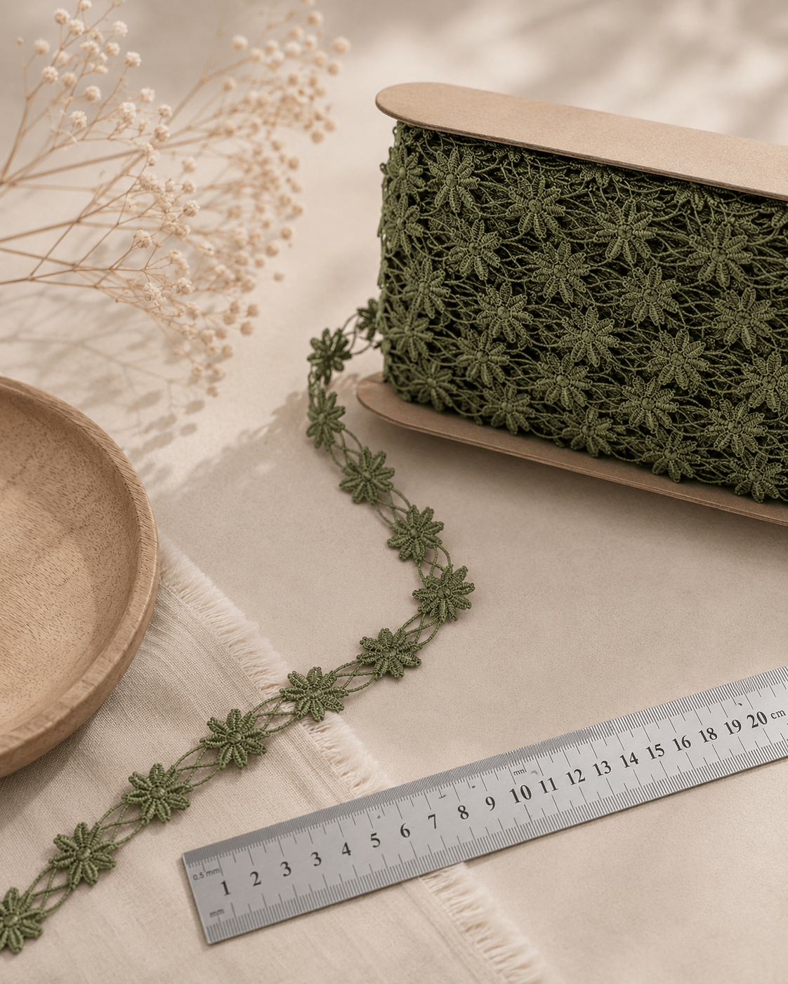 Image avec ruban de dentelle brodée 1,2 cm - feuilles vertes – disponible chez Šarlotes audumi