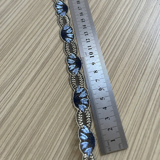 Attēls ar Izšūta mežģīnes lenta 2 cm - tumši zila ar bēšiem akcentiem – pieejams Šarlotes audumi