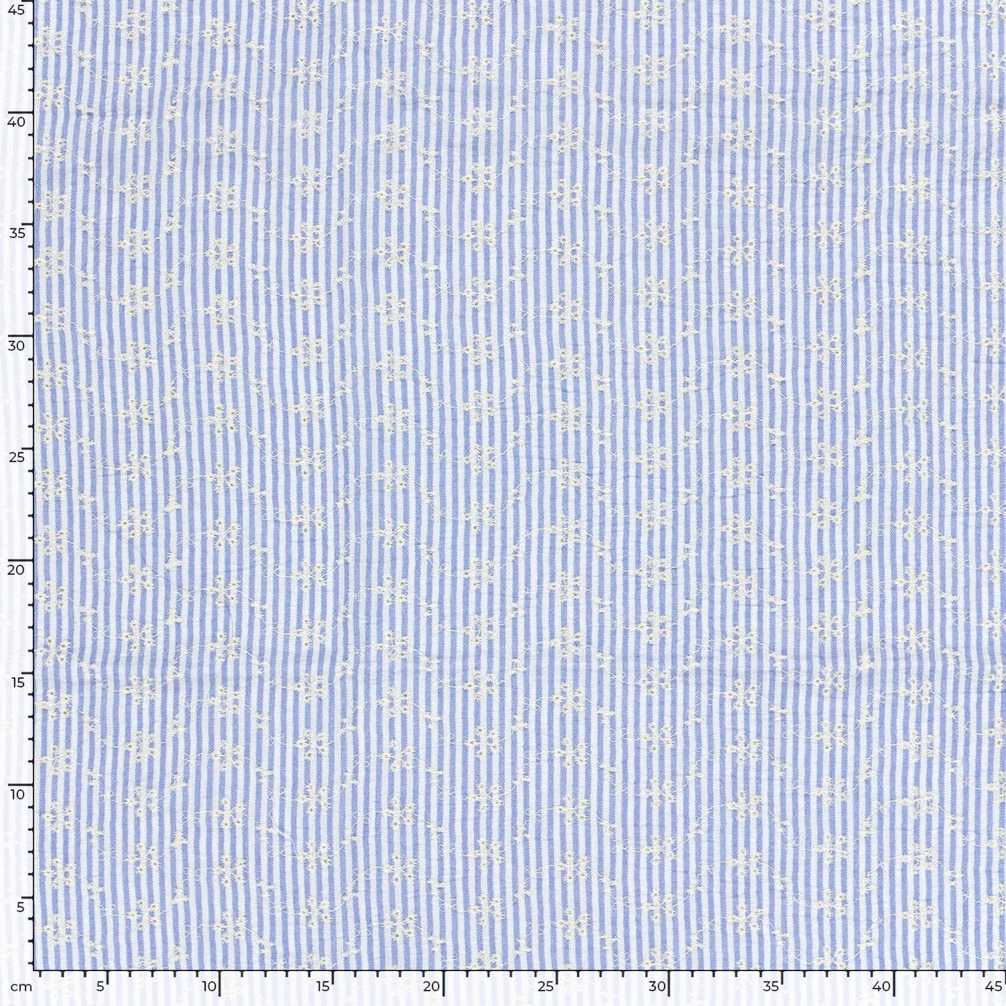 Attēls ar Izšūts kokvilnas audums - balts puķīšu motīvs ar līnijam 180 g/m² – pieejams Šarlotes audumi