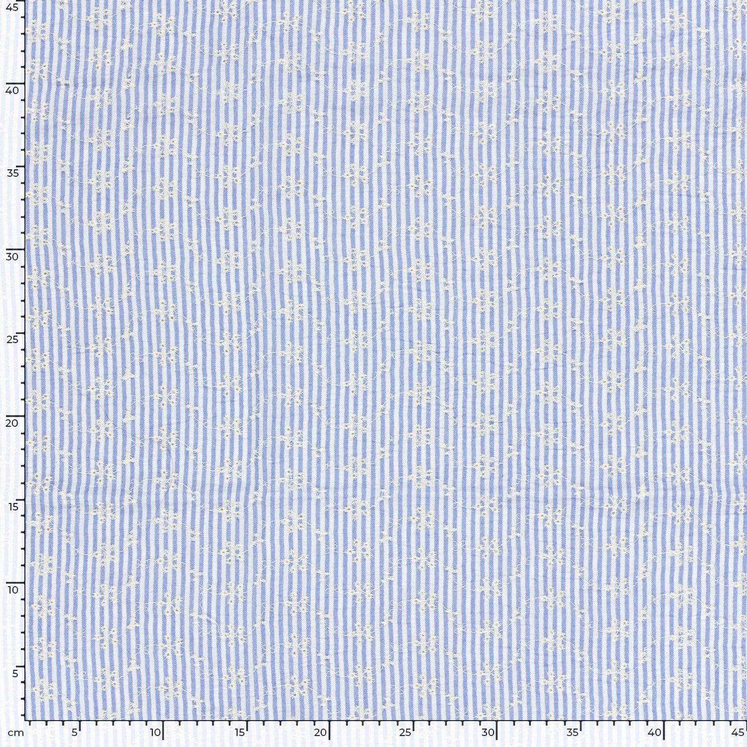 Attēls ar Izšūts kokvilnas audums - balts puķīšu motīvs ar līnijam 180 g/m² – pieejams Šarlotes audumi