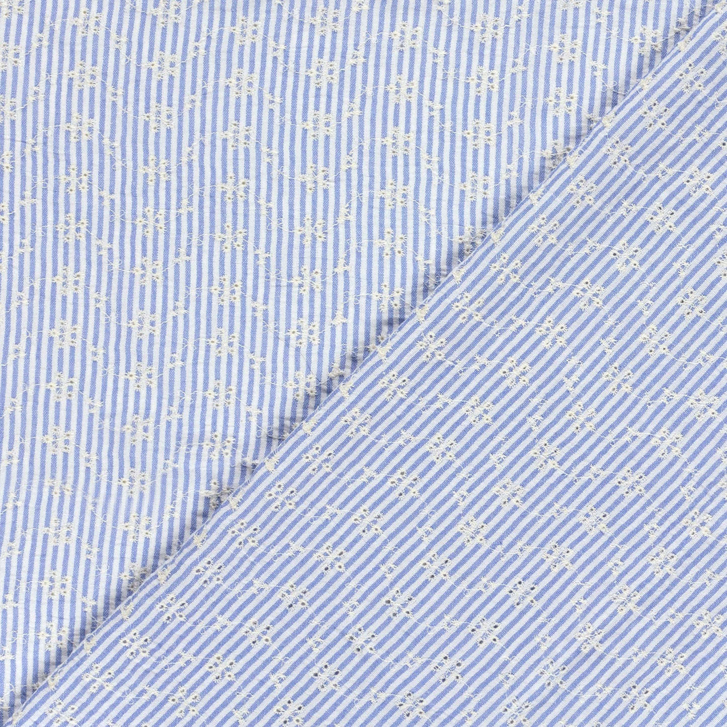 Attēls ar Izšūts kokvilnas audums - balts puķīšu motīvs ar līnijam 180 g/m² – pieejams Šarlotes audumi