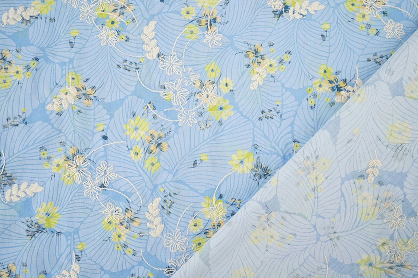 Image de tissu en coton brodé - fleurs jaunes sur fond bleu 115 g/m² – disponible chez Šarlotes audumi
