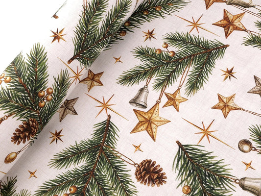 Image of canvas fabric with spruce branch and decorations – available online at Šarlotes audumi