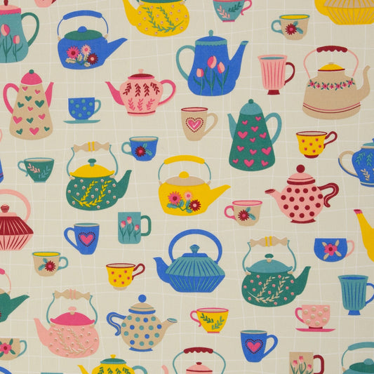 Attēls ar Kanvas audums-krāsainas tējkannas un krūzītes – pieejams internetā Šarlotes audumi