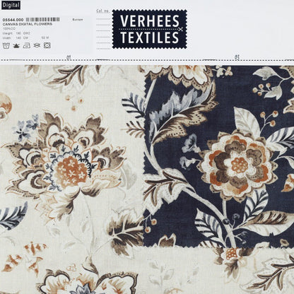 Image de toile imprimée de fleurs sur fond bleu foncé, 190 g/m² – disponible chez Šarlotes audumi