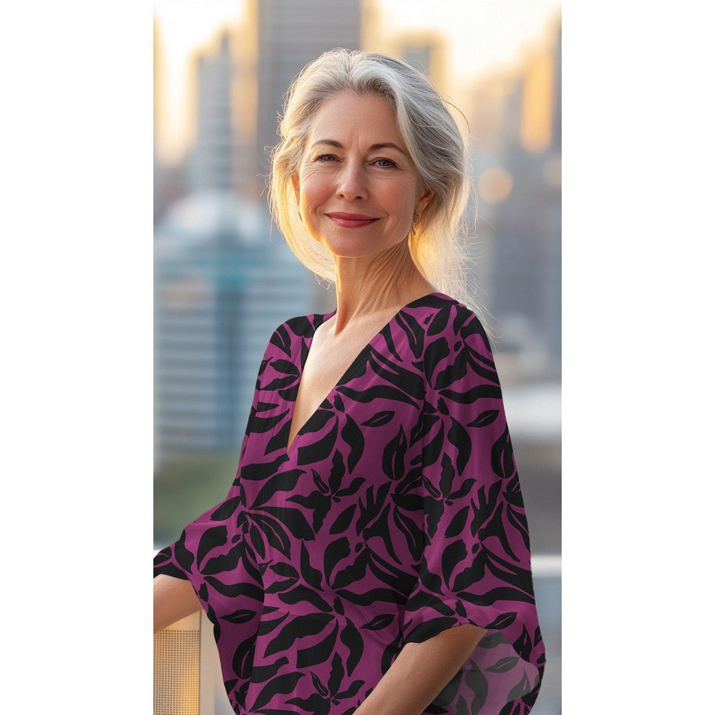 Attēls ar Kleitu audums ar elastānu - raibs raksts uz violeta fona 80 g/m² – pieejams Šarlotes audumi