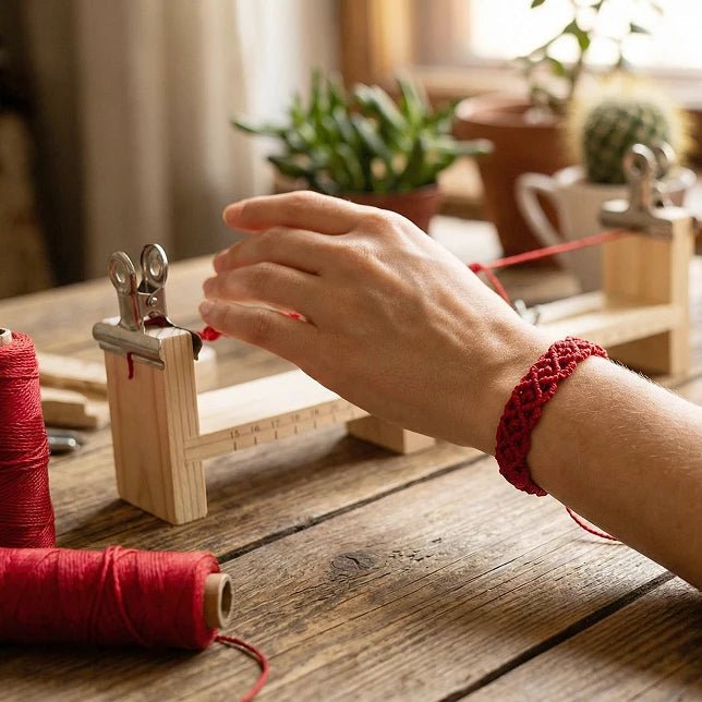 Image de métier à tisser en bois pour tisser des bracelets – disponible chez Šarlotes audumi