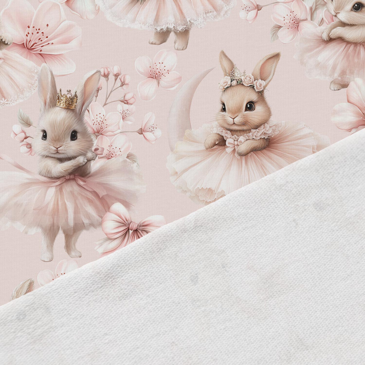 Image de jersey bouclette en coton - lapins ballerines dans des fleurs 250 g/m² | Design - 15 – disponible chez Šarlotes audumi