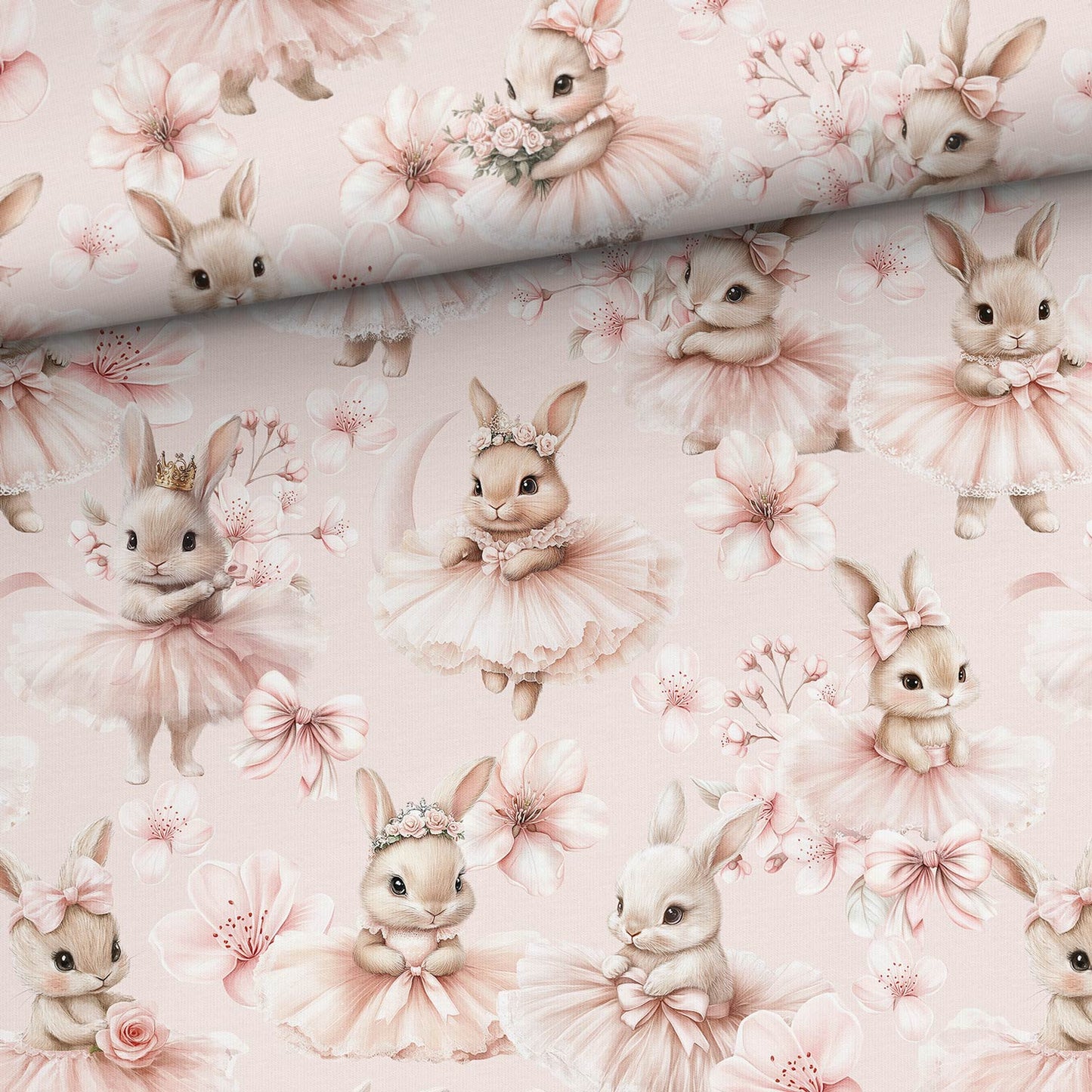 Image de jersey bouclette en coton - lapins ballerines dans les fleurs 250 g/m² | Design - 15 – disponible chez Šarlotes audumi