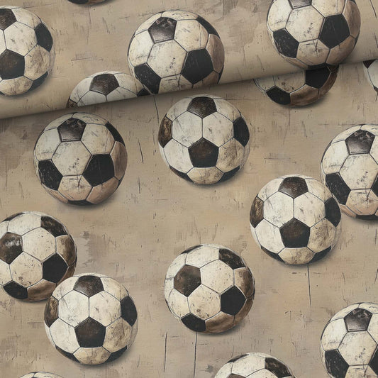 Paveikslėlis su medvilniniu kilpiniu trikotažu, futbolo kamuoliais ir retro žavesiu, dizainas-22 – galima įsigyti internetu Šarlotės audiniai