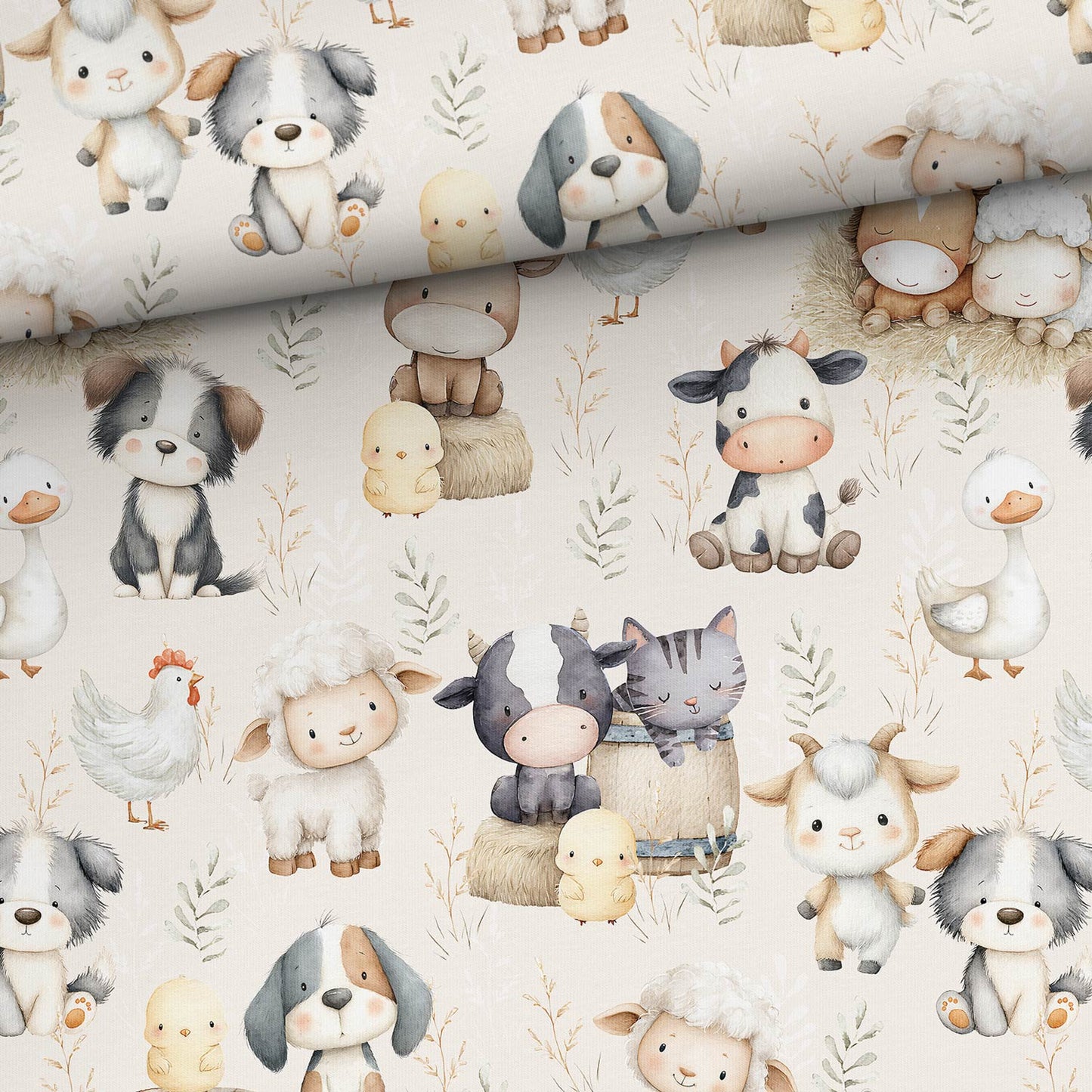Image en jersey bouclette en coton - joyeuse bande d’amis de la ferme 250 g/m² | Design - 02 – disponible chez Šarlotes audumi
