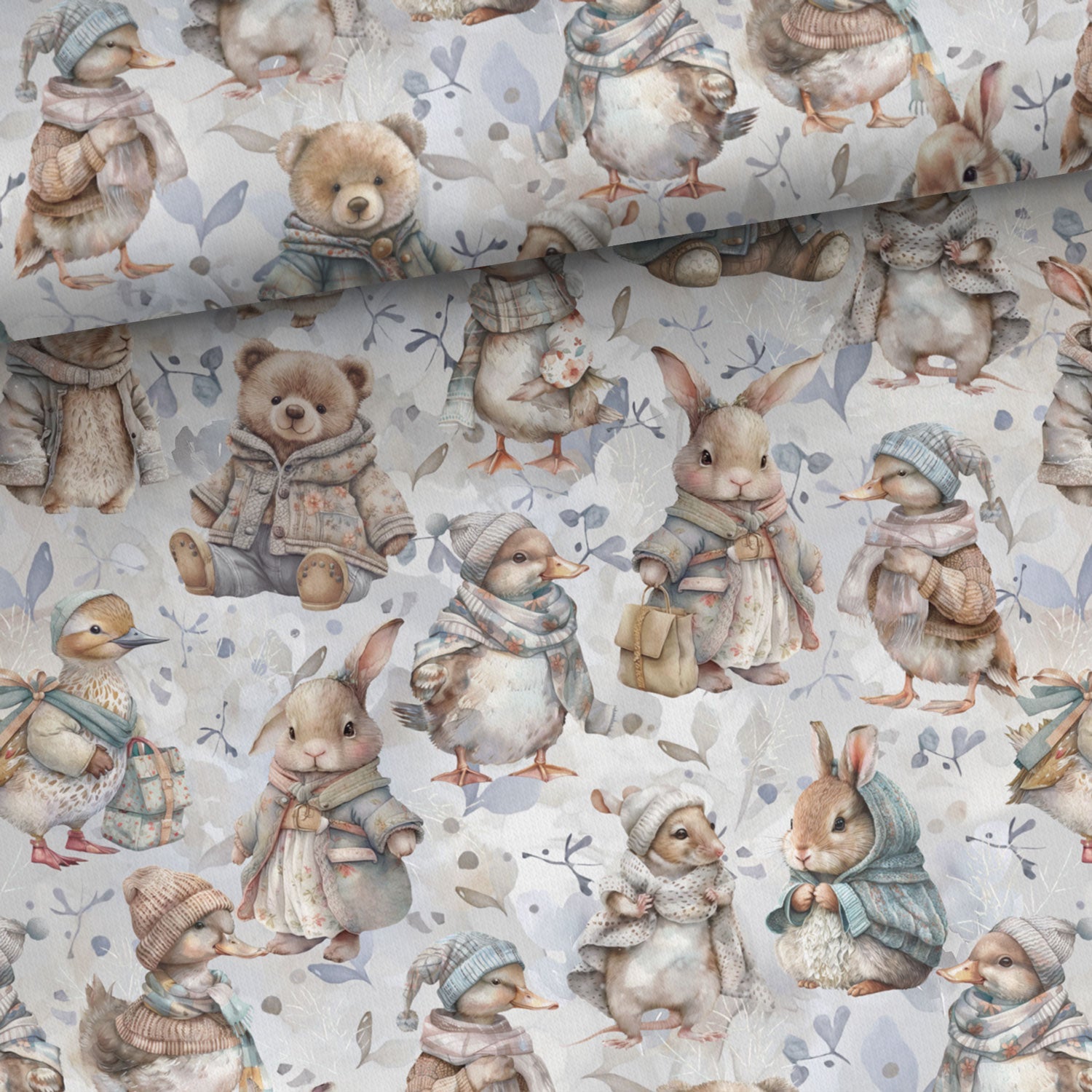 Attēls ar Kokvilnas cilpiņtrikotāža - lauku zvēriņi ziemā 250 g/m² – pieejams Šarlotes audumi