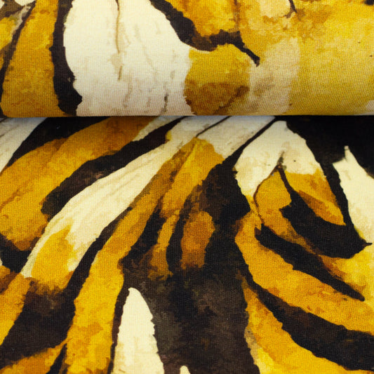 Attēls ar Kokvilnas cilpiņtrikotāža - medus dzeltens abstrakts raksts 260 g/m² – pieejams Šarlotes audumi