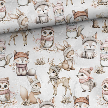 Image de maille bouclette en coton — habitants de la forêt dans la neige 250 g/m² – disponible chez Šarlotes audumi