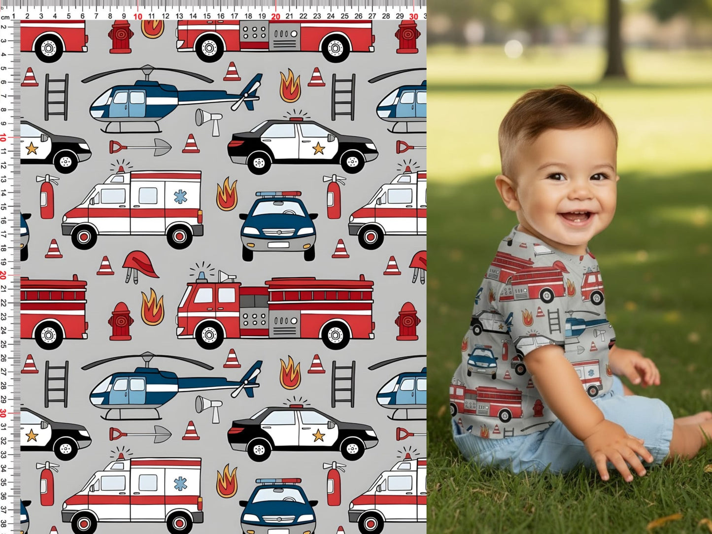 Image of cotton loopback knit fabric - police and firefighters 250 g/m² – available at Šarlote Fabrics