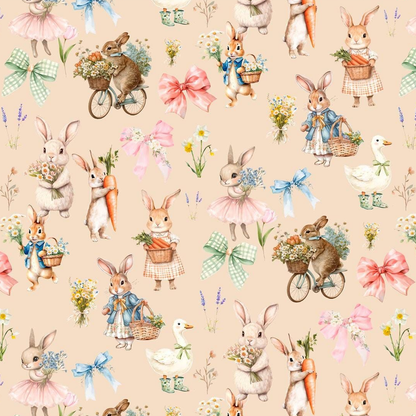 Image en maille bouclette en coton - petits lapins sur fond beige 250 g/m² – disponible chez Šarlotes audumi