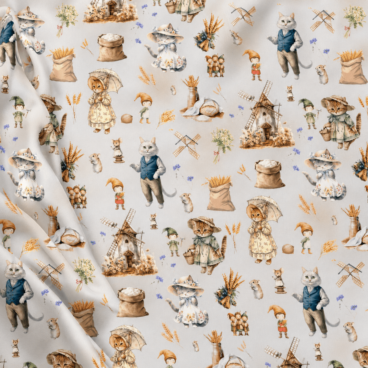 Image avec jersey bouclé en coton - Là où tournent les moulins et ronronne le chat 250 g/m² – disponible chez les tissus de Šarlote
