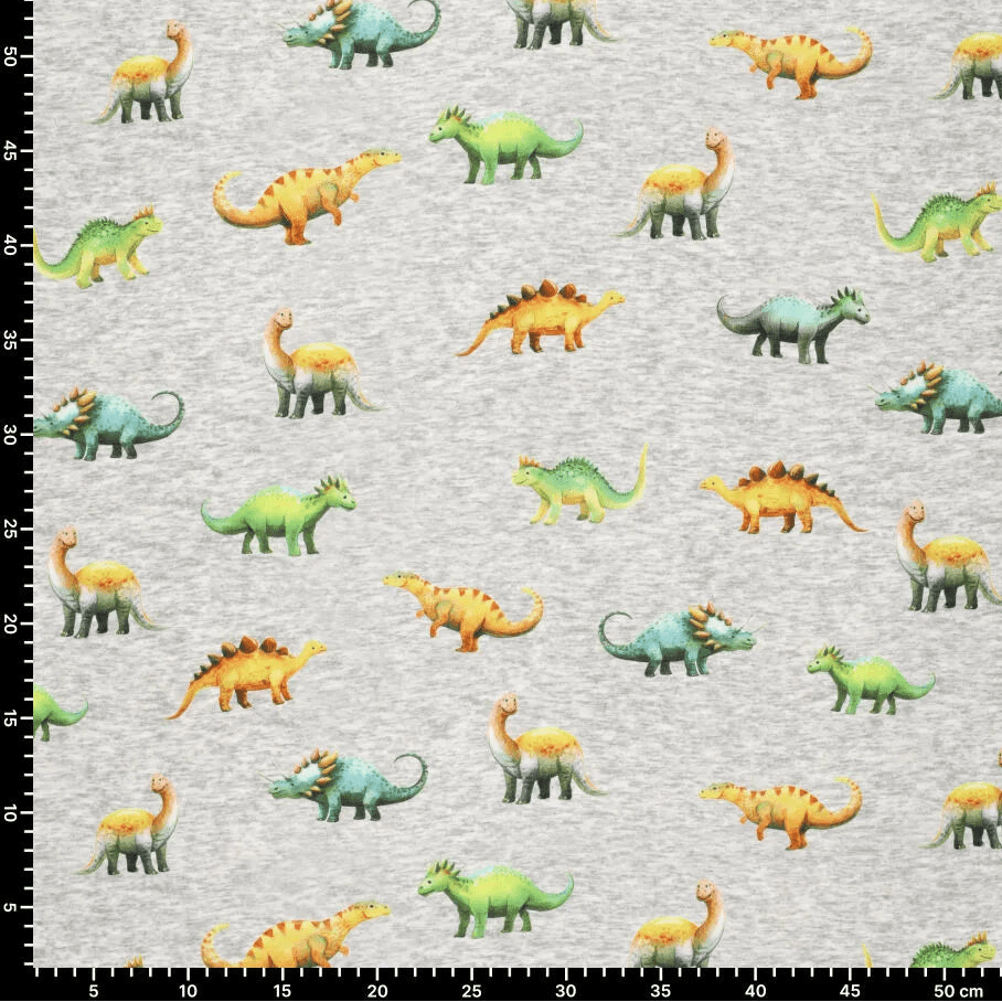 Paveikslėlis su medvilne pašiltintu trikotažu | Alpen fleece su dinozaurais ant pilko – galima įsigyti internetu Šarlotes audumi