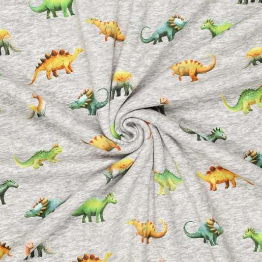 Paveikslėlis su medvilne pašiltintu trikotažu | Alpen fleece su dinozaurais ant pilko – galima įsigyti internetu Šarlotes audumi