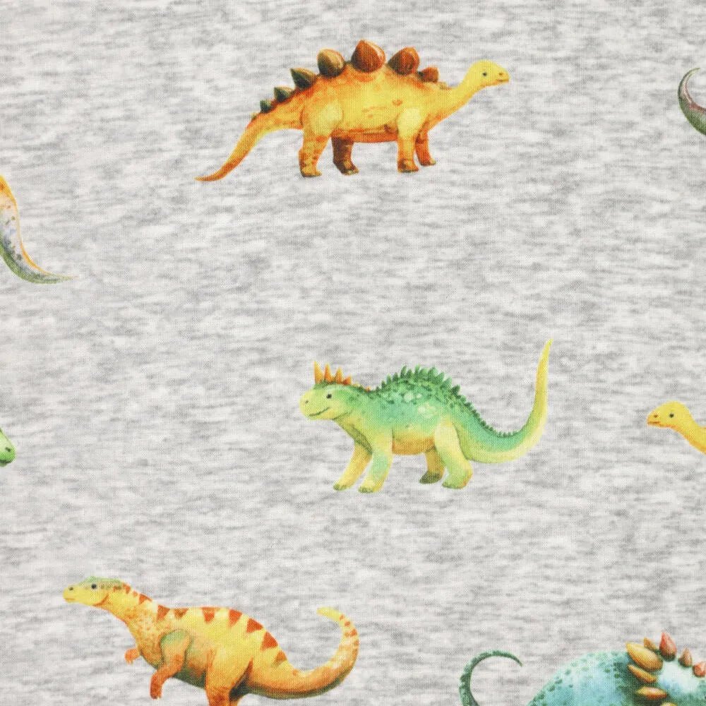 Paveikslėlis su medvilne pašiltintu trikotažu | Alpen fleece su dinozaurais ant pilko – galima įsigyti internetu Šarlotes audumi