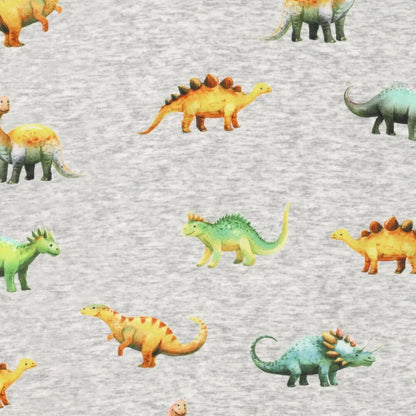 Paveikslėlis su medvilne pašiltintu trikotažu | Alpen fleece su dinozaurais ant pilko – galima įsigyti internetu Šarlotes audumi