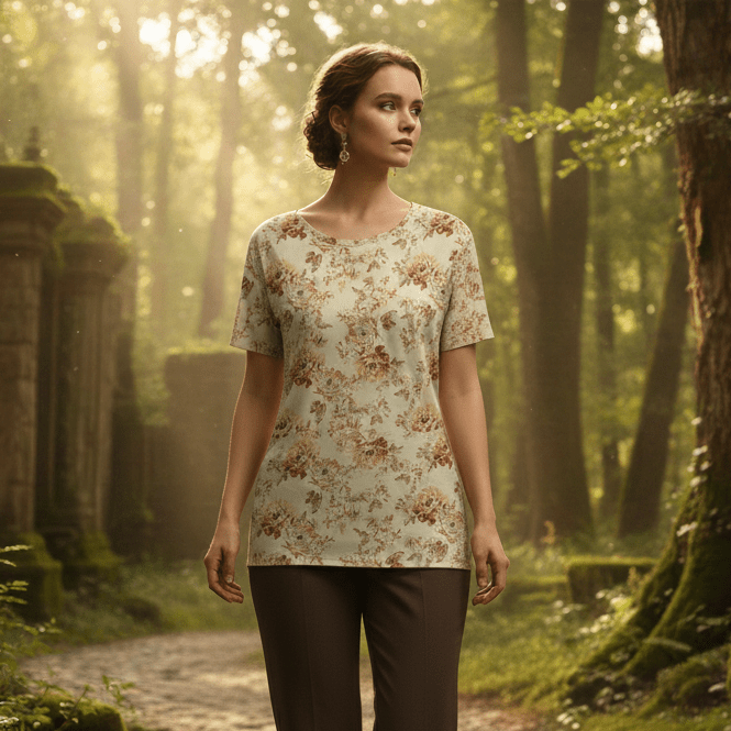 Attēls ar Kokvilnas trikotāža - brūns ziedu motīvs 220 g/m² – pieejams Šarlotes audumi