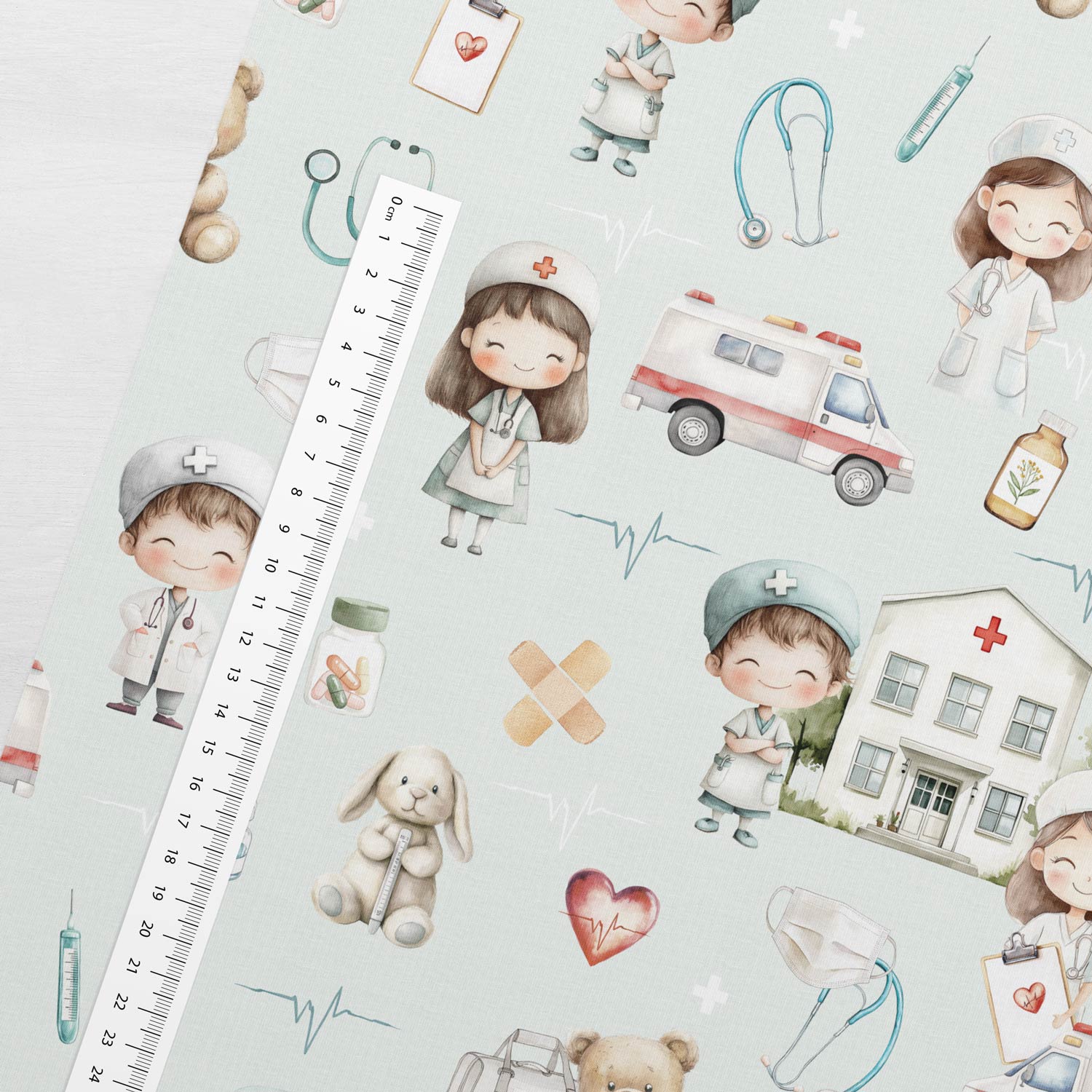 Attēls ar Kokvilnas trikotāža - mazie ārsti 200 g/m² – pieejams Šarlotes audumi