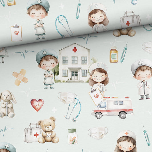 Attēls ar Kokvilnas trikotāža - mazie ārsti 200 g/m² – pieejams Šarlotes audumi