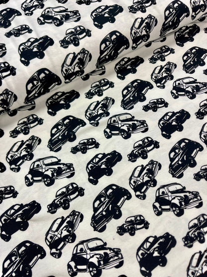 Jersey de coton - voitures noires sur fond blanc 200 g/m²