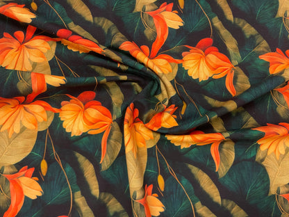 Tricot en coton à fleurs tropicales orange 250 g/m²