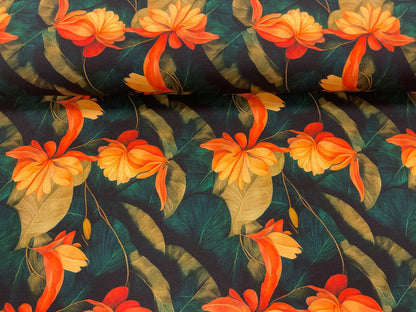 Jersey en coton - fleurs tropicales orange 250 g/m²