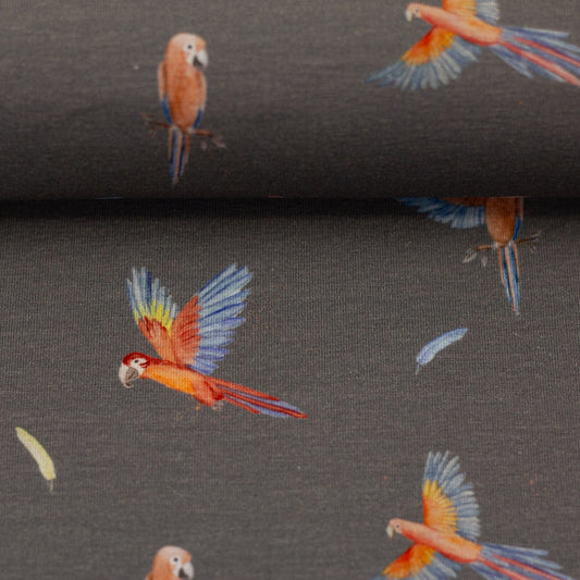 Image of cotton jersey parrots on a dark gray background 200 g/m² – available online at Šarlotes audumi
