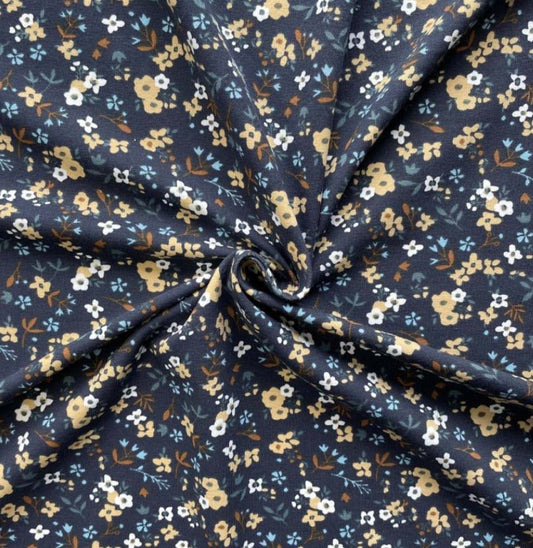 Attēls ar Kokvilnas trikotāža - smalki ziediņi uz tumši zila 200 g/m² – pieejams Šarlotes audumi