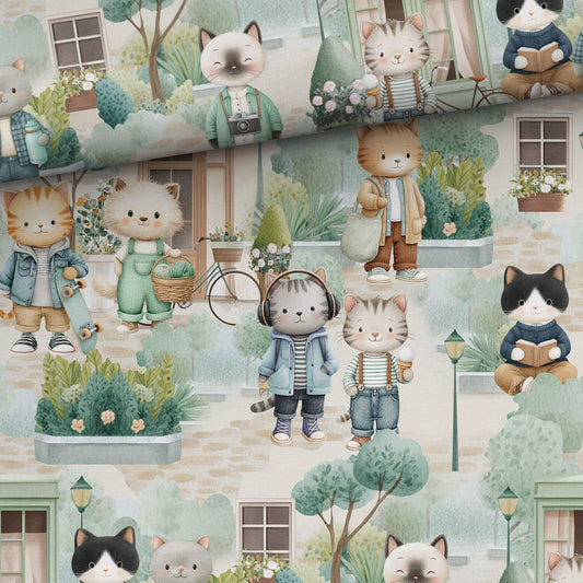 Medvilninė kilpinė trikotažo medžiaga – kačių gyvenimas mieste 250 g/m²