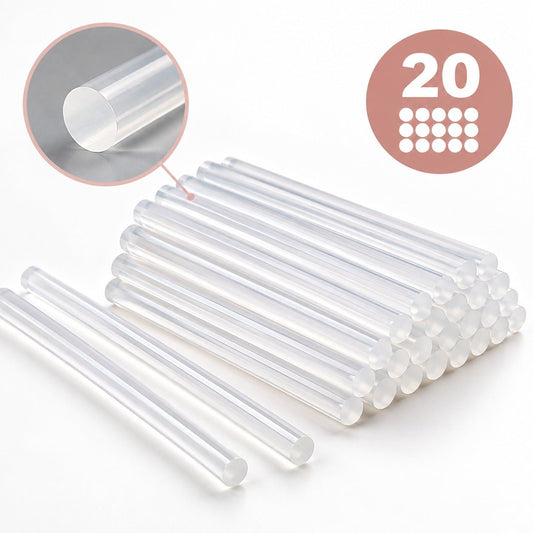 Nuotrauka su 7 mm × 20 cm karštų klijų pistoleto strypeliais, skaidriais ir negelstančiais, 10 vnt. – internetu įsigyjama Šarlotes audumi