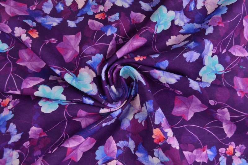 Image of linen with cotton - leaves on a purple-toned background 170 g/m² – available at Šarlotes audumi