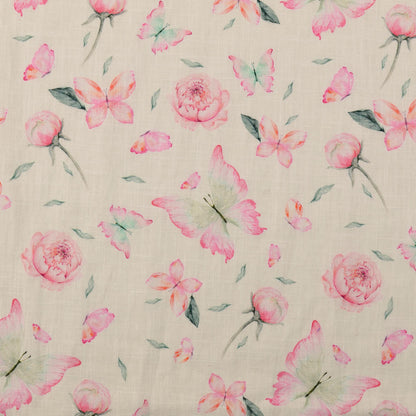 Image avec lin et viscose - pivoines et papillon 220 g/m² – disponible chez Šarlotes audumi