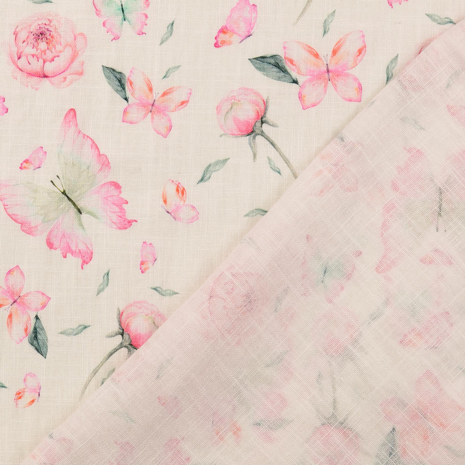 Image avec lin et viscose - pivoines et papillon 220 g/m² – disponible chez Šarlotes audumi