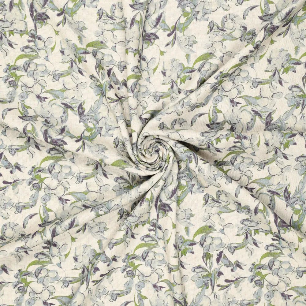 Attēls ar Lins ar viskozi - zili zaļš lapu motīvs 120 g/m² – pieejams Šarlotes audumi