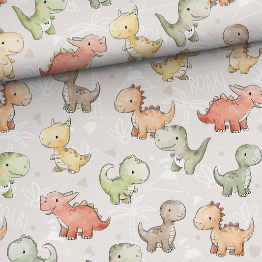 Medvilninis kilpinis trikotažas – draugiški dinozauriukai 250 g/m²