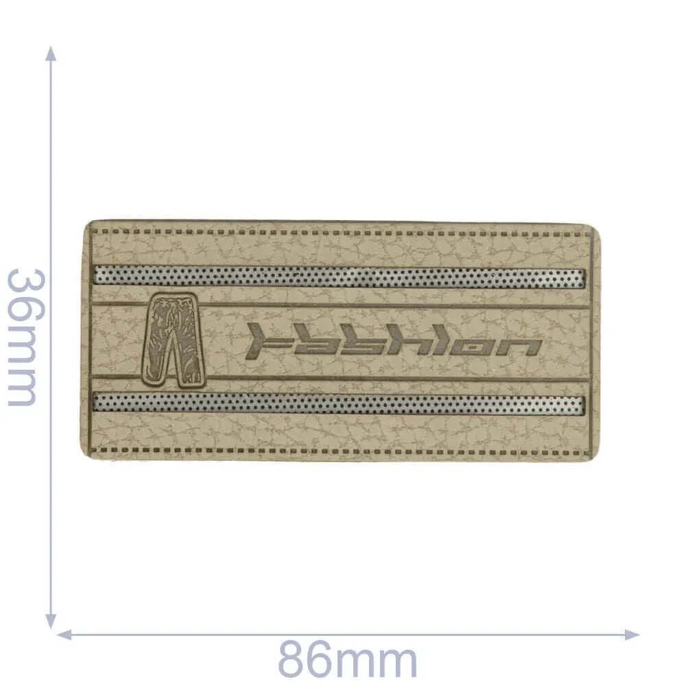 Image with faux leather label 86×36 mm (gray) – available at Šarlotes audumi