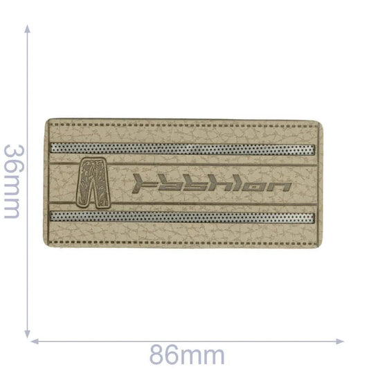 Image with faux leather label 86×36 mm (gray) – available at Šarlotes audumi