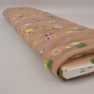 Embroidered tulle fabric with flowers - peach tone 70 g/m²